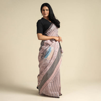 Pink - Bengal Kantha Hand Embroidery Handloom Cotton Saree with Tassels 35