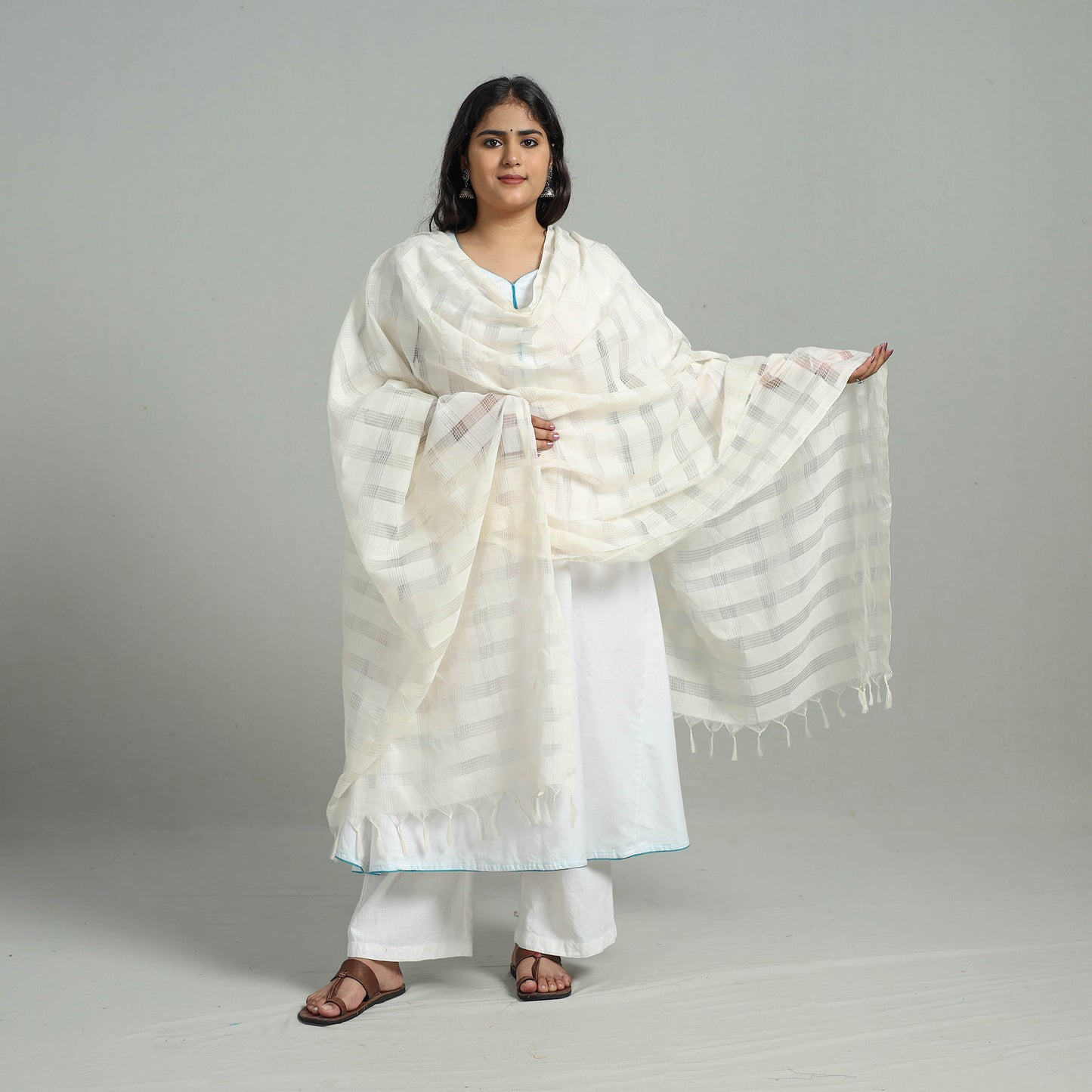 White - Handloom Cotton Mangalagiri Dupatta with Tassels 33