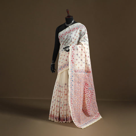 White - Phulkari Hand Embroidered Chanderi Silk Chapa Work Saree 10