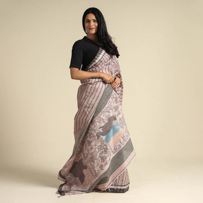 Pink - Bengal Kantha Hand Embroidery Handloom Cotton Saree with Tassels 32