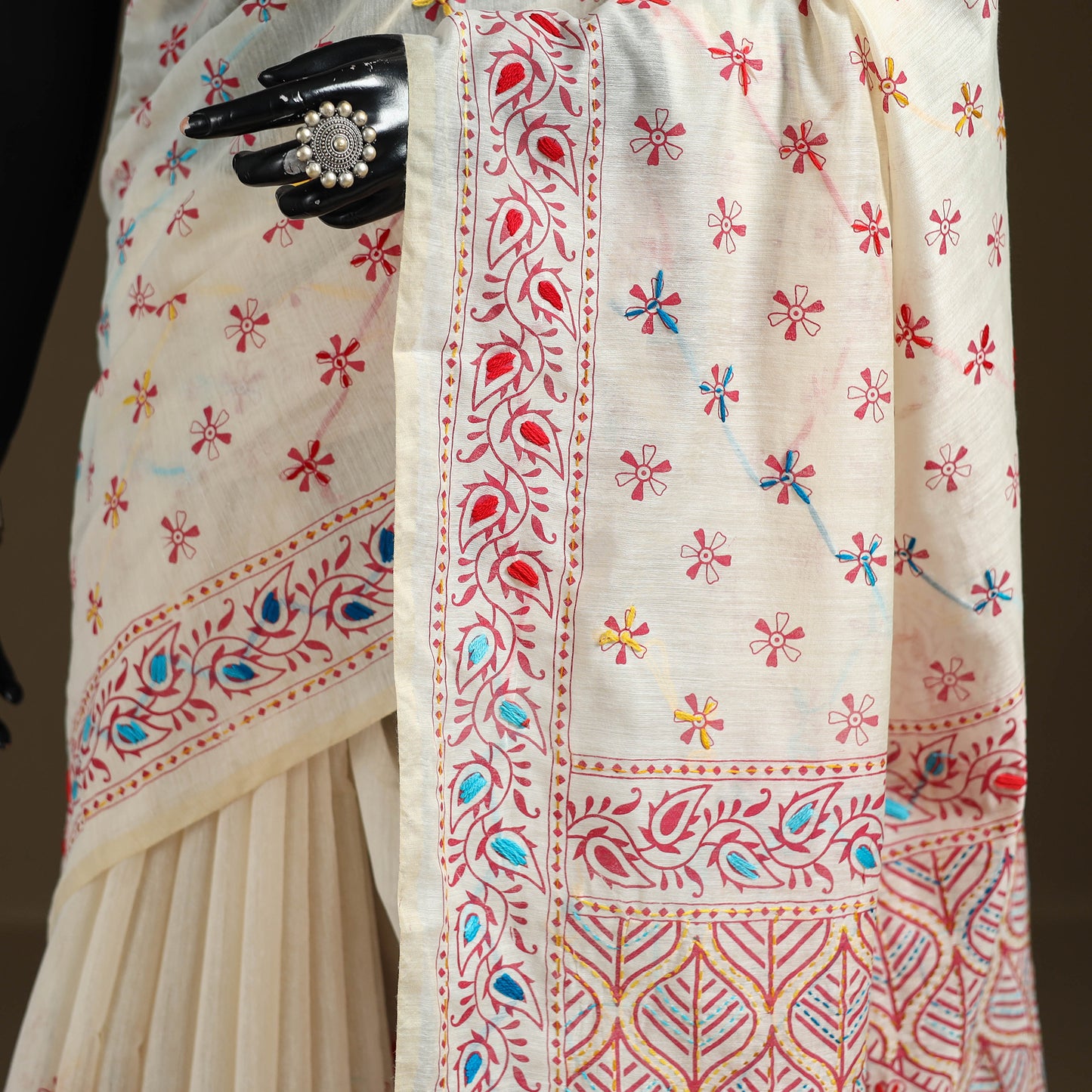 White - Phulkari Hand Embroidered Chanderi Silk Chapa Work Saree 10