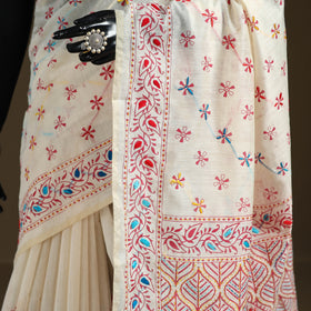 White - Phulkari Hand Embroidered Chanderi Silk Chapa Work Saree 10