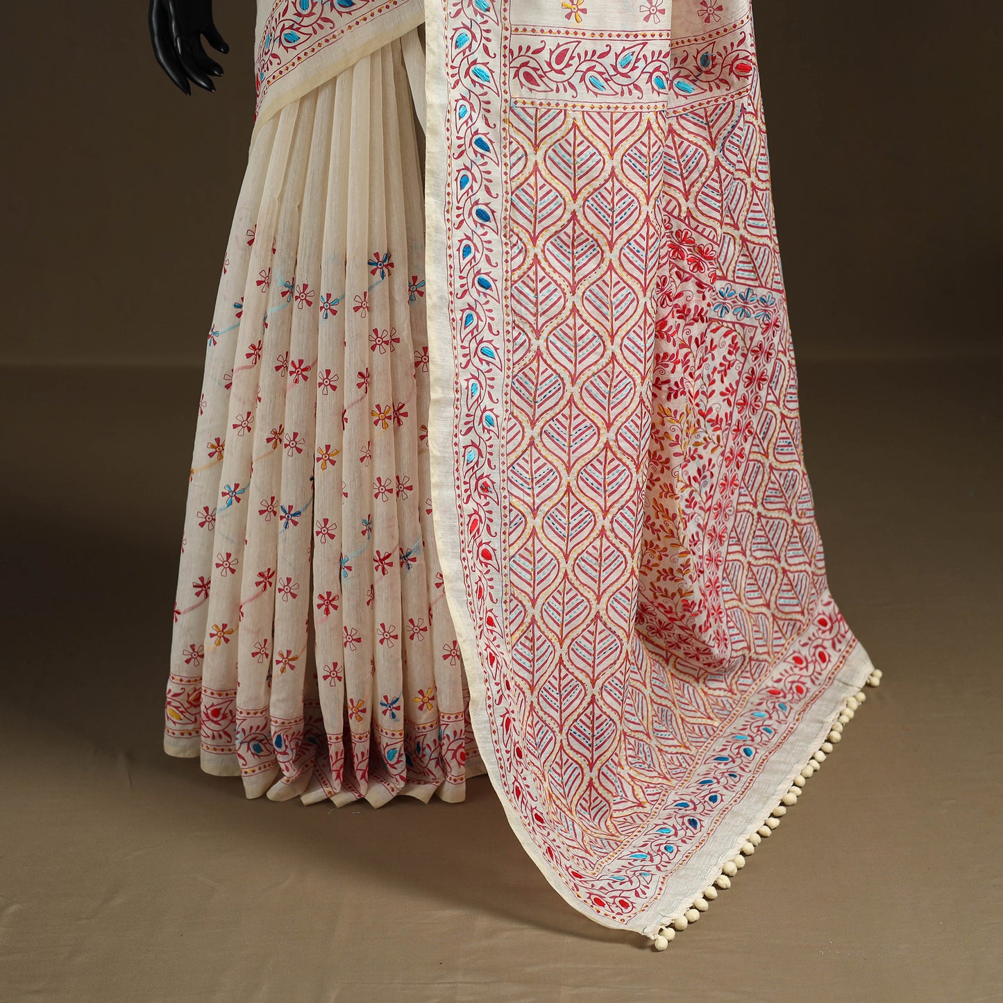 White - Phulkari Hand Embroidered Chanderi Silk Chapa Work Saree 10