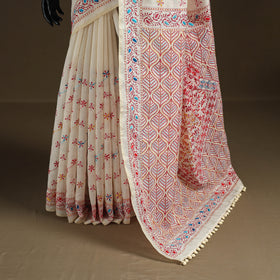 White - Phulkari Hand Embroidered Chanderi Silk Chapa Work Saree 10