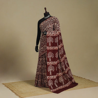 Brown - mul cotton hand batik saree 52 - handcrafted