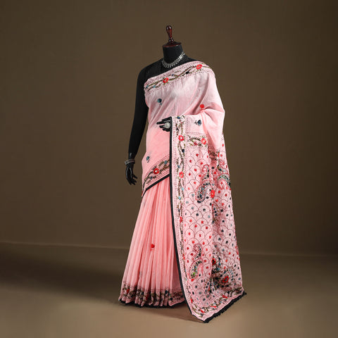 Pink - Phulkari Hand Embroidered Chanderi Silk Chapa Work Saree 11