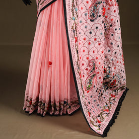 Pink - Phulkari Hand Embroidered Chanderi Silk Chapa Work Saree 11