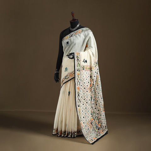 White - Phulkari Hand Embroidered Chanderi Silk Chapa Work Saree 12