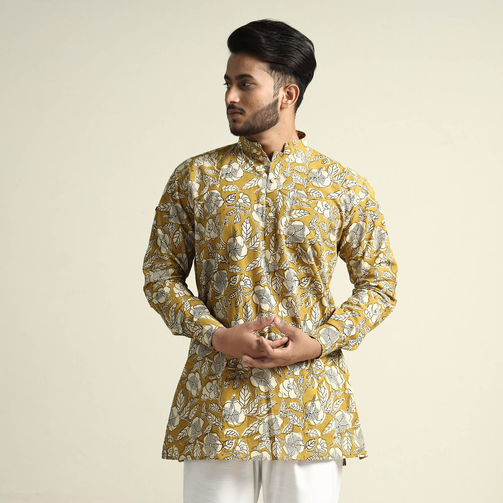 Mustard Yellow with Tropical Flowers - Bagru Block Printed Cotton Men Short Kurta