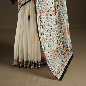 White - Phulkari Hand Embroidered Chanderi Silk Chapa Work Saree 12
