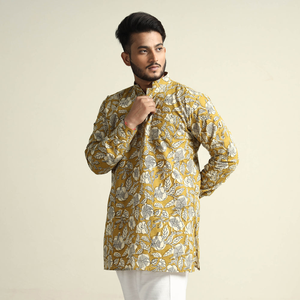 Mustard Yellow with Tropical Flowers - Bagru Block Printed Cotton Men Short Kurta