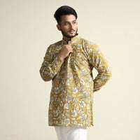 Mustard Yellow with Tropical Flowers - Bagru Block Printed Cotton Men Short Kurta