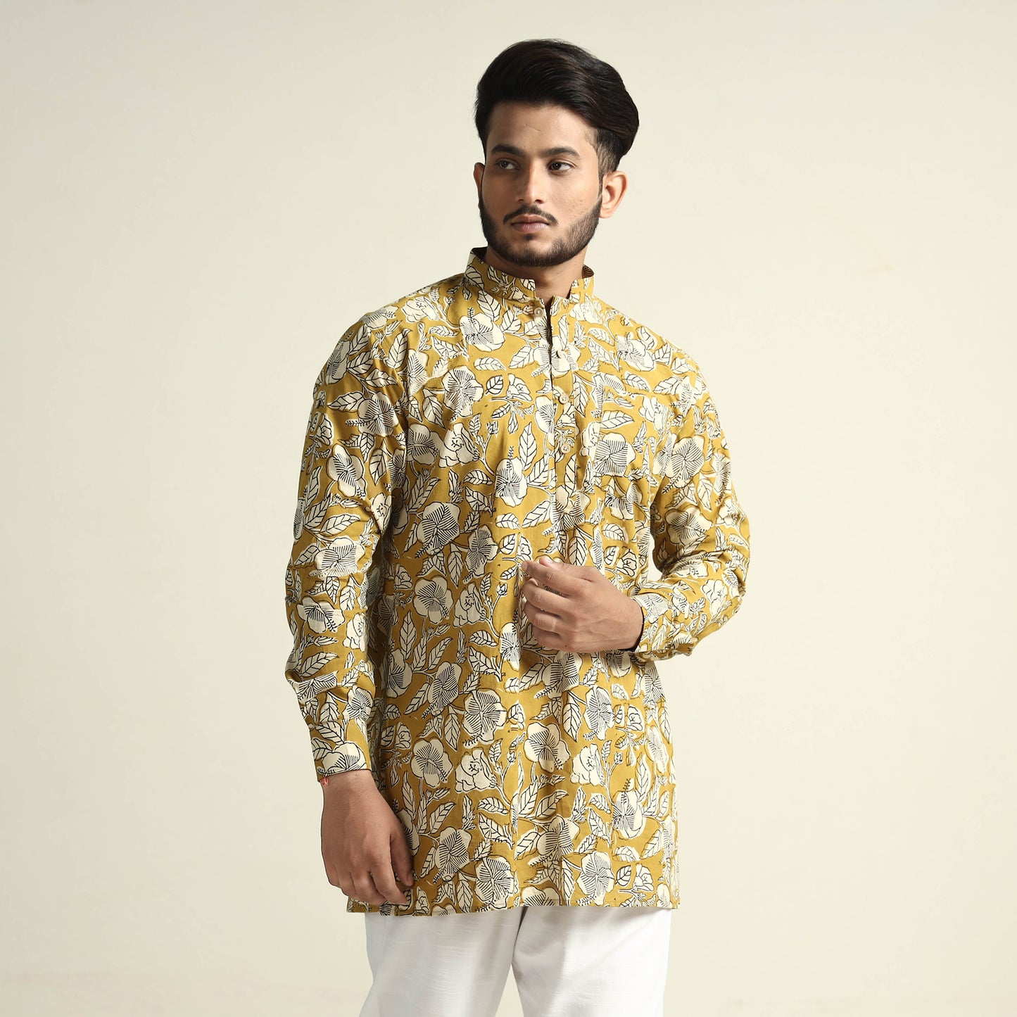 Mustard Yellow with Tropical Flowers - Bagru Block Printed Cotton Men Short Kurta