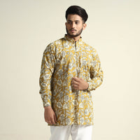 Mustard Yellow with Tropical Flowers - Bagru Block Printed Cotton Men Short Kurta