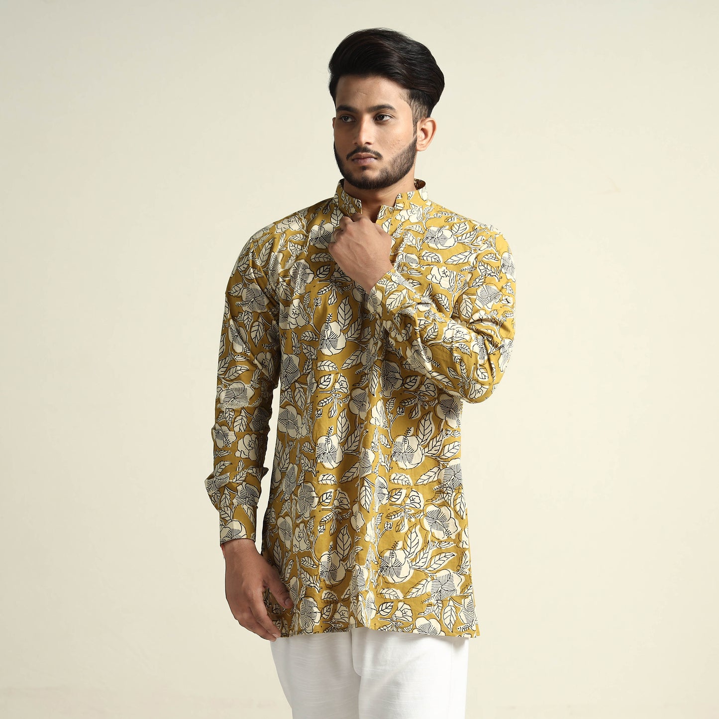 Mustard Yellow with Tropical Flowers - Bagru Block Printed Cotton Men Short Kurta