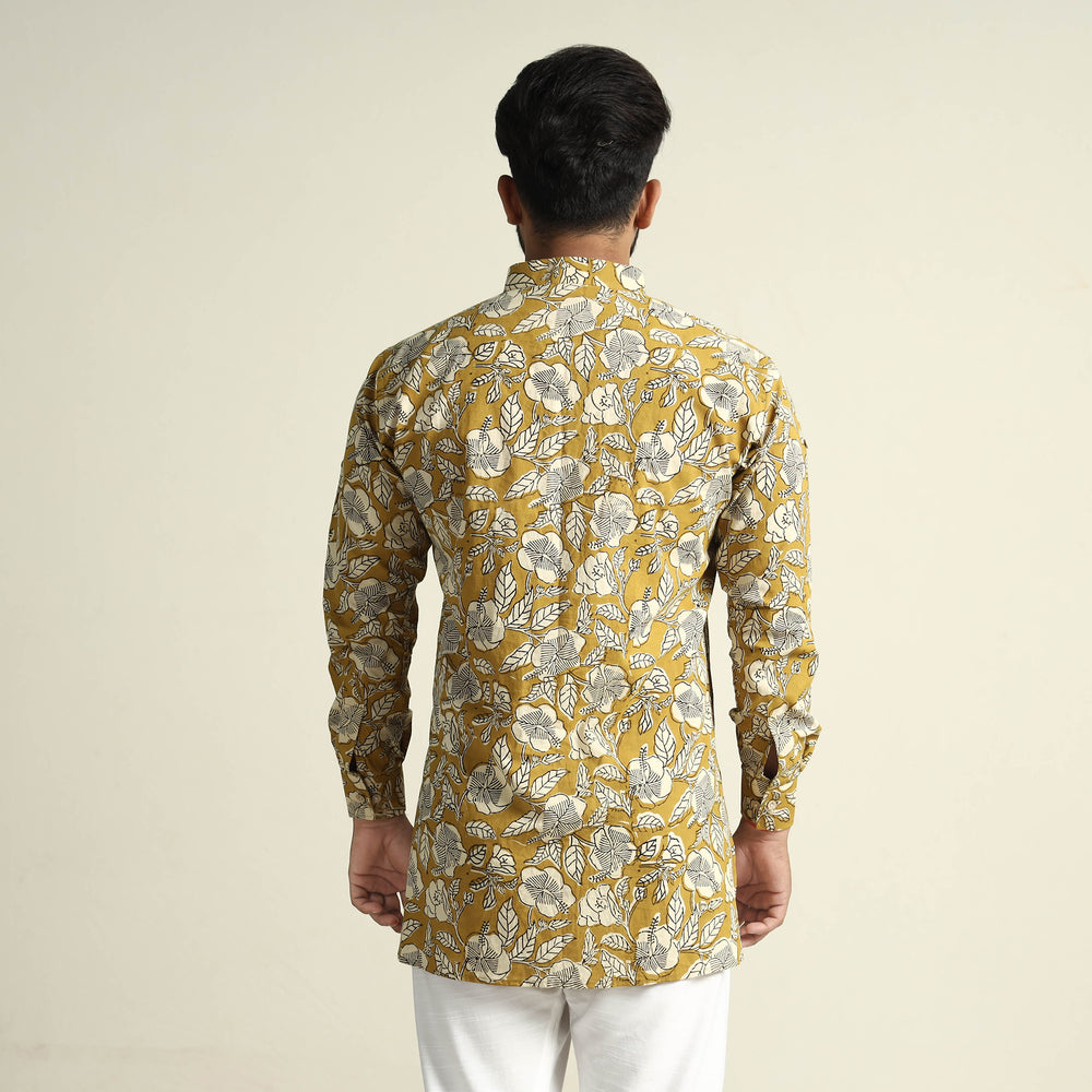 Mustard Yellow with Tropical Flowers - Bagru Block Printed Cotton Men Short Kurta