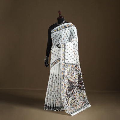 White - Phulkari Hand Embroidered Chanderi Silk Chapa Work Saree 13