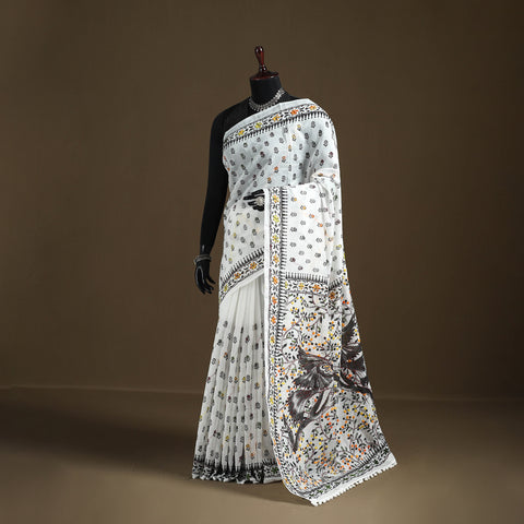 White - Phulkari Hand Embroidered Chanderi Silk Chapa Work Saree 13