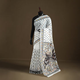 White - Phulkari Hand Embroidered Chanderi Silk Chapa Work Saree 13
