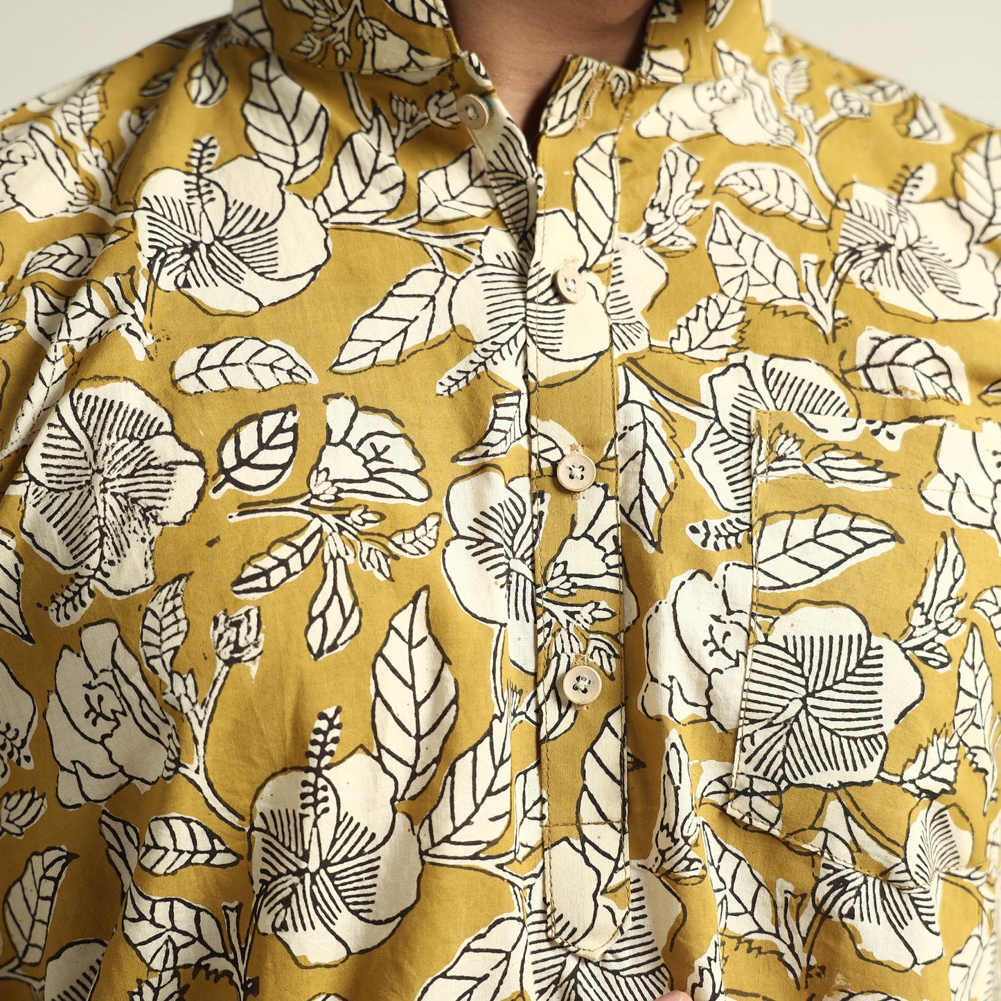 Mustard Yellow with Tropical Flowers - Bagru Block Printed Cotton Men Short Kurta