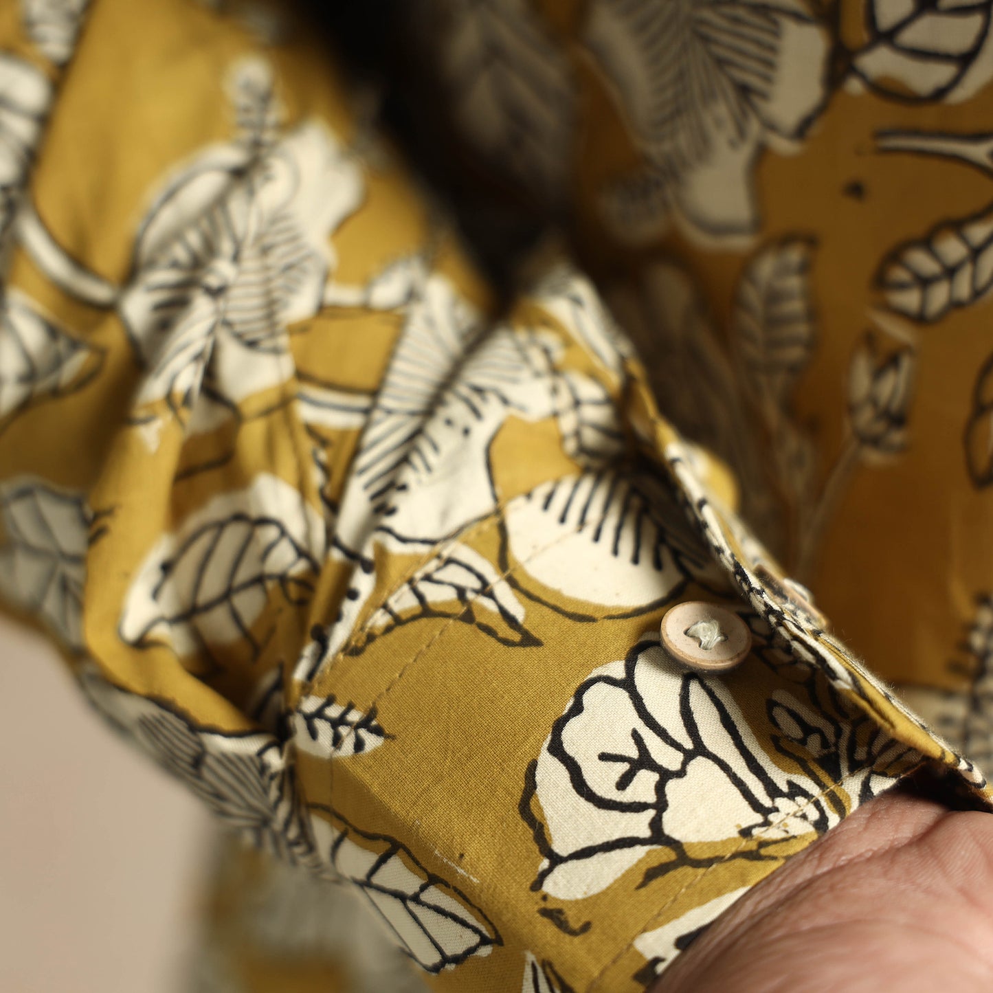 Mustard Yellow with Tropical Flowers - Bagru Block Printed Cotton Men Short Kurta