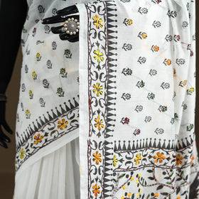 White - Phulkari Hand Embroidered Chanderi Silk Chapa Work Saree 13