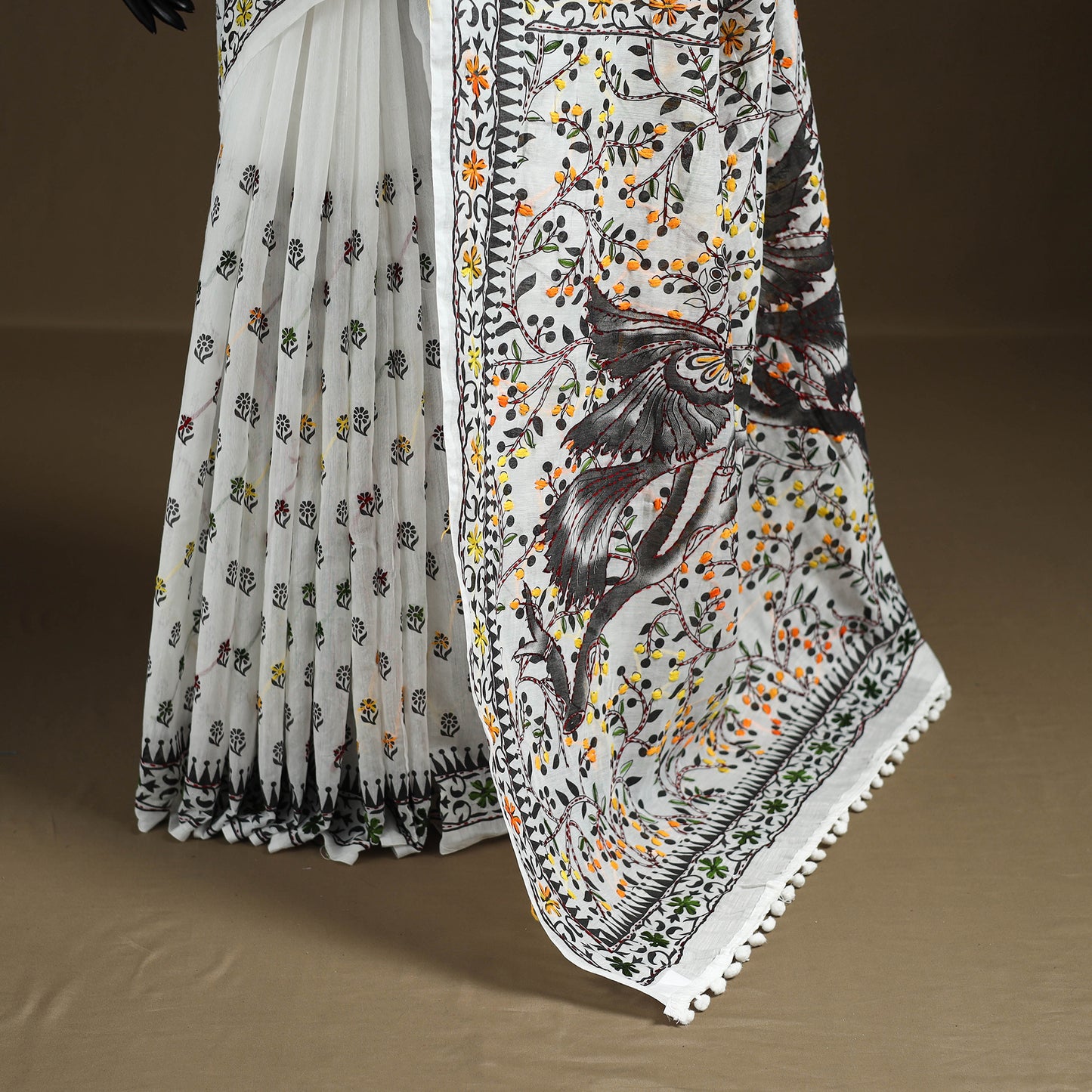 White - Phulkari Hand Embroidered Chanderi Silk Chapa Work Saree 13