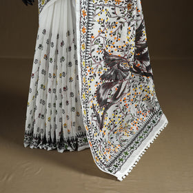 White - Phulkari Hand Embroidered Chanderi Silk Chapa Work Saree 13
