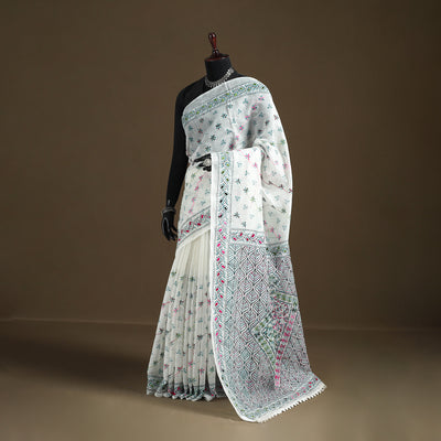 White - Phulkari Hand Embroidered Chanderi Silk Chapa Work Saree 14