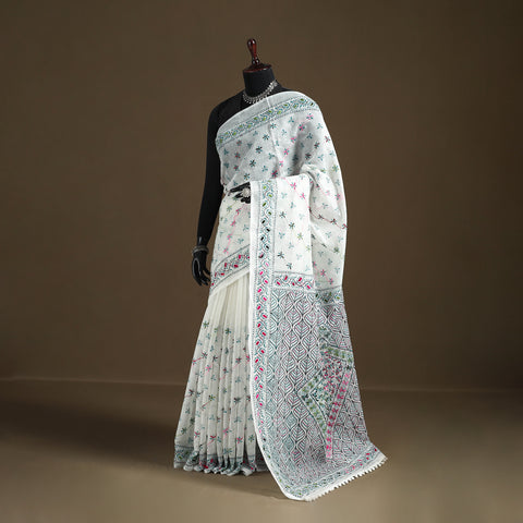 White - Phulkari Hand Embroidered Chanderi Silk Chapa Work Saree 14