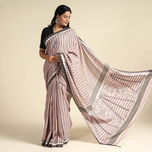 Pink - Bengal Kantha Hand Embroidery Handloom Cotton Saree with Tassels 29