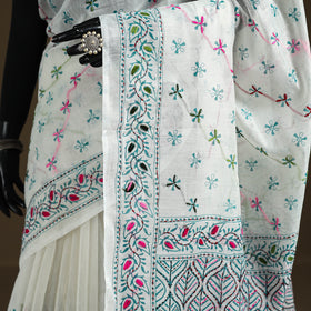 White - Phulkari Hand Embroidered Chanderi Silk Chapa Work Saree 14