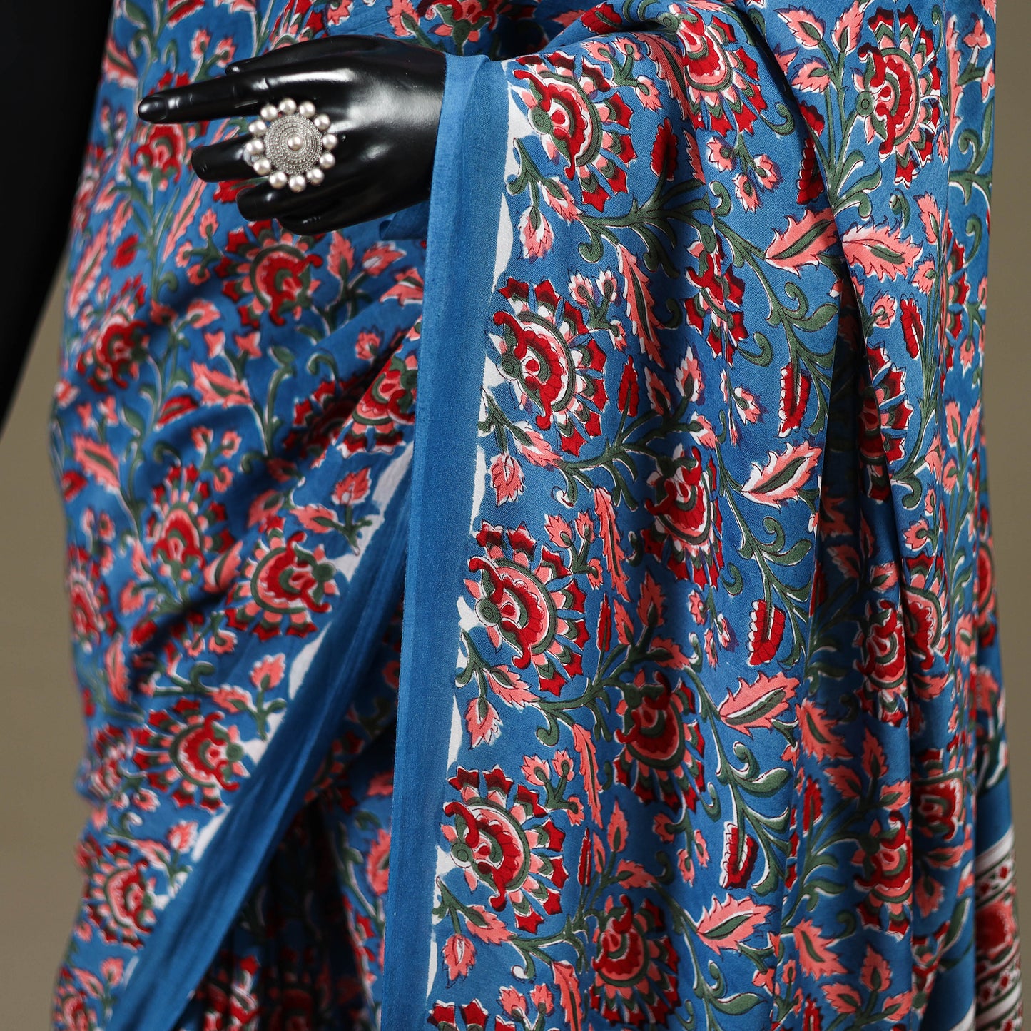 Blue - Modal Silk Hand Block Sanganeri Print Saree 01