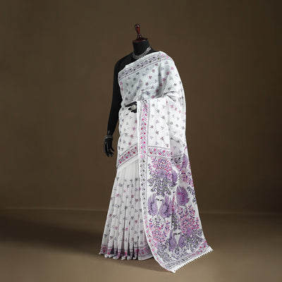 White - Phulkari Hand Embroidered Chanderi Silk Chapa Work Saree 15
