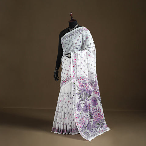 White - Phulkari Hand Embroidered Chanderi Silk Chapa Work Saree 15