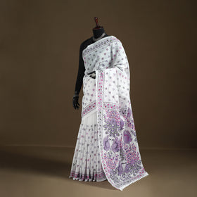 White - Phulkari Hand Embroidered Chanderi Silk Chapa Work Saree 15