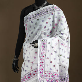 White - Phulkari Hand Embroidered Chanderi Silk Chapa Work Saree 15