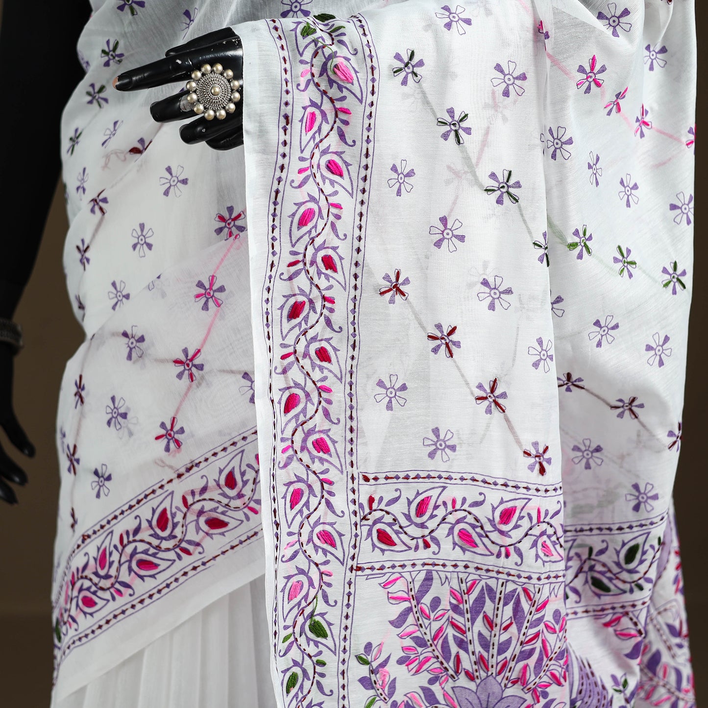 White - Phulkari Hand Embroidered Chanderi Silk Chapa Work Saree 15