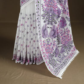 White - Phulkari Hand Embroidered Chanderi Silk Chapa Work Saree 15