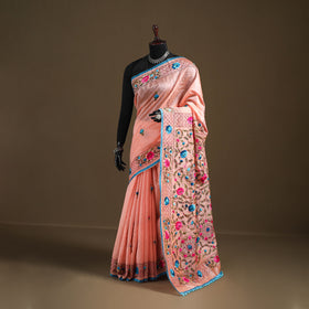 Peach - Phulkari Hand Embroidered Chanderi Silk Chapa Work Saree 16