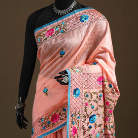 Peach - Phulkari Hand Embroidered Chanderi Silk Chapa Work Saree 16