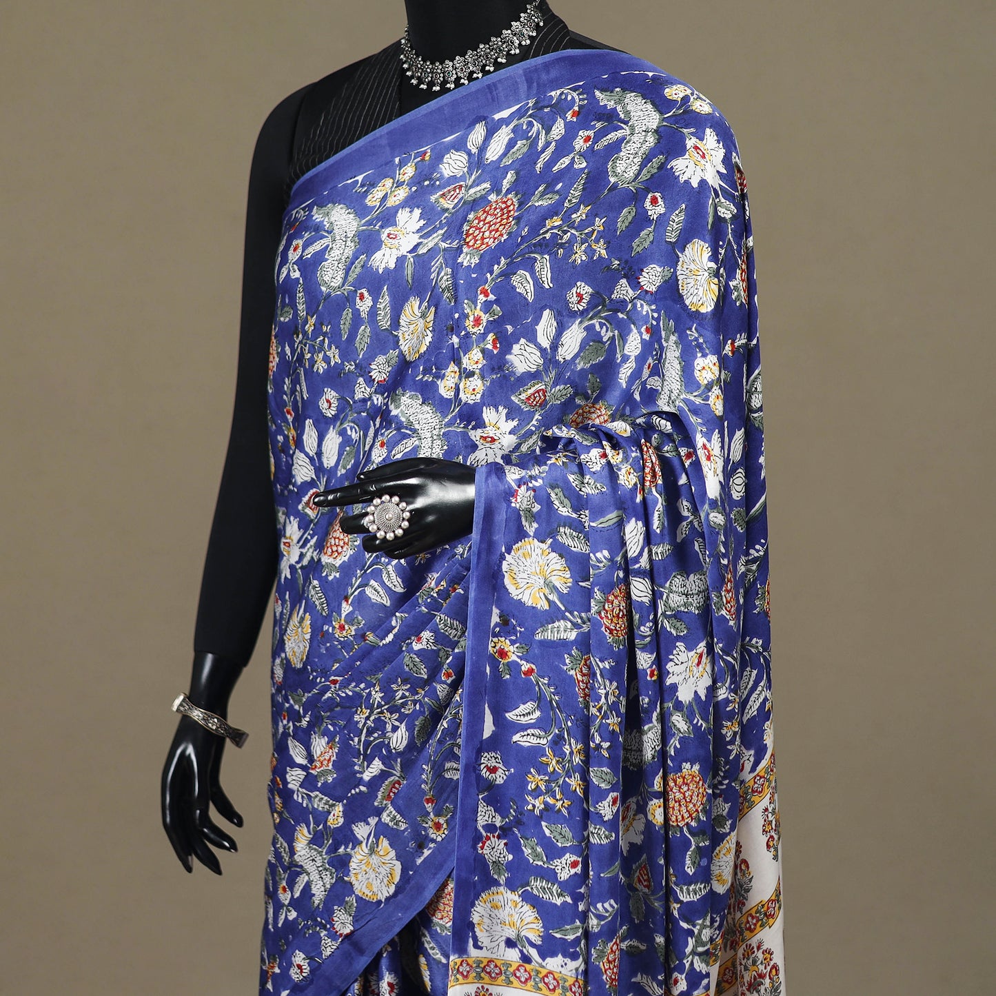 Blue - Modal Silk Hand Block Sanganeri Print Saree 03