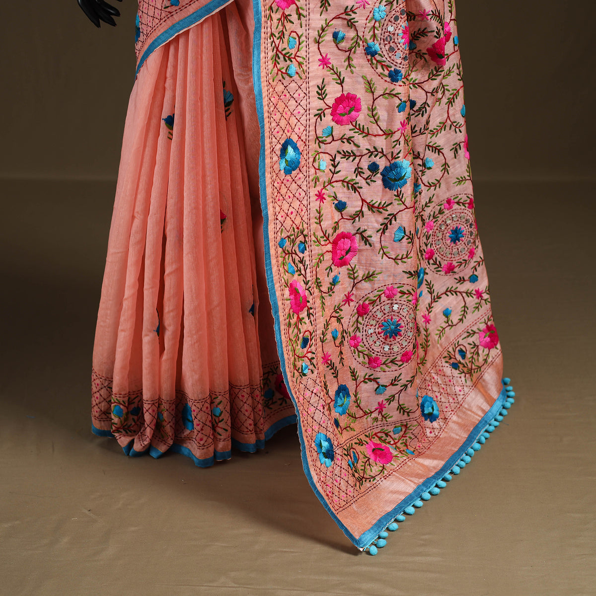 Peach - Phulkari Hand Embroidered Chanderi Silk Chapa Work Saree 16
