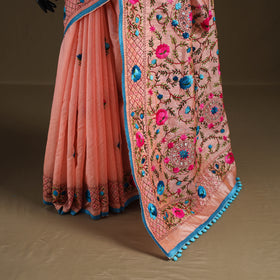 Peach - Phulkari Hand Embroidered Chanderi Silk Chapa Work Saree 16