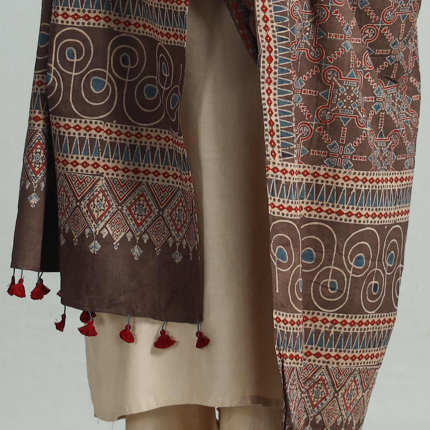 Brown - Ajrakh Hand Block Printed Cotton Dupatta with Tassels 159
