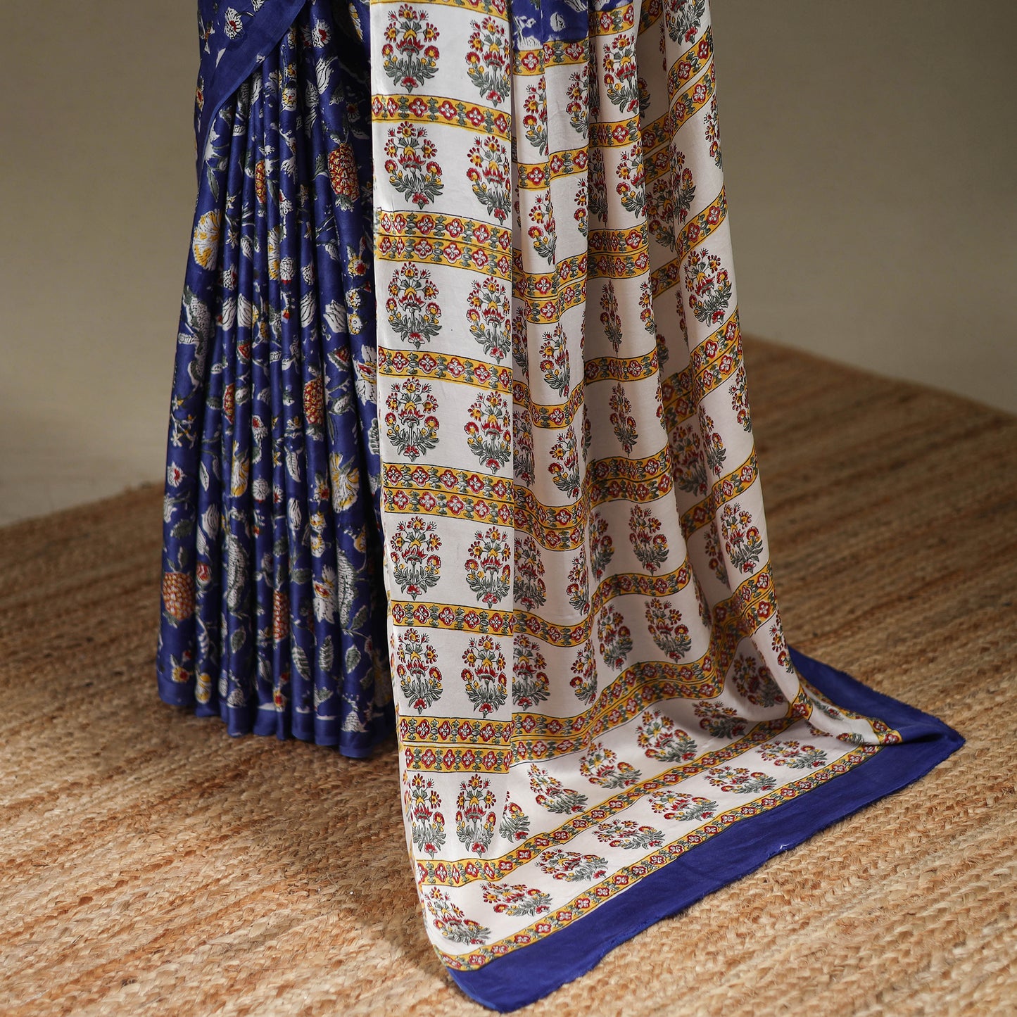 Blue - Modal Silk Hand Block Sanganeri Print Saree 03