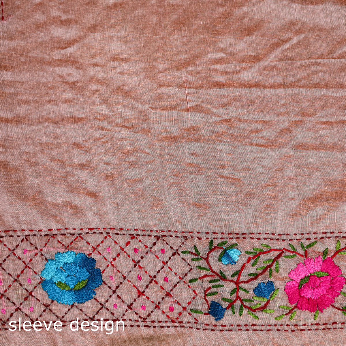 Peach - Phulkari Hand Embroidered Chanderi Silk Chapa Work Saree 16
