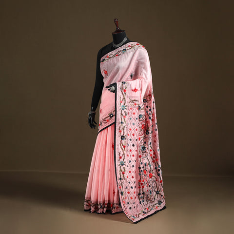 Pink - Phulkari Hand Embroidered Chanderi Silk Chapa Work Saree 17