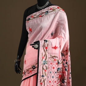 Pink - Phulkari Hand Embroidered Chanderi Silk Chapa Work Saree 17