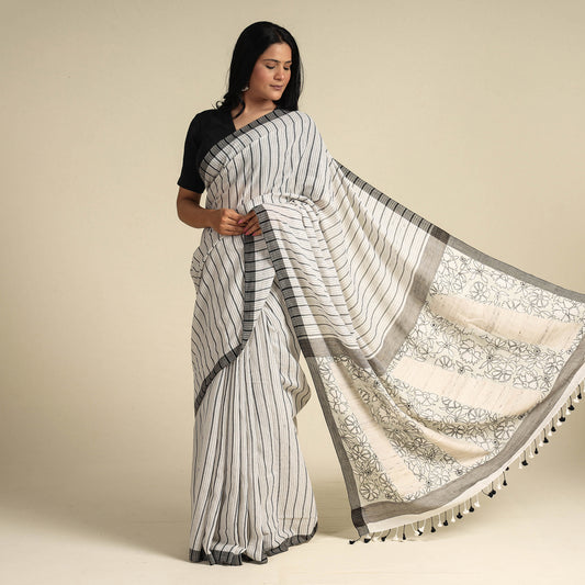 Grey - Bengal Kantha Hand Embroidery Handloom Cotton Saree with Tassels 08